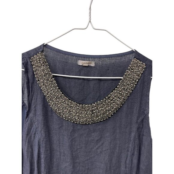 Lina Tomei Linen Shift Dress Women's Size Medium Beaded Neckline Made In Italy - Picture 2 of 8